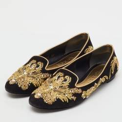 Pre Owned Alexander McQueen Black Suede Embroidered Smoking Slippers Size 38.5