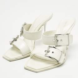 Pre Owned Alexander McQueen White  Leather Buckle Detail Slide Sandals Size 39
