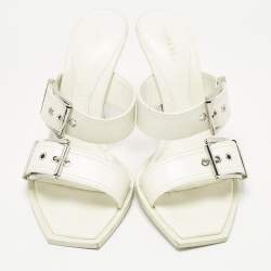Pre Owned Alexander McQueen White  Leather Buckle Detail Slide Sandals Size 39