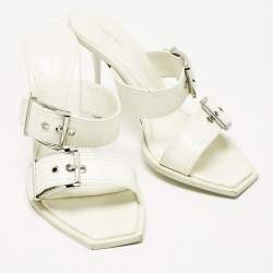 Pre Owned Alexander McQueen White  Leather Buckle Detail Slide Sandals Size 39