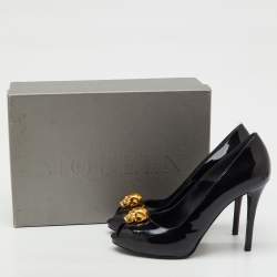 Pre Owned Alexander McQueen Black Patent Leather Crystal Embellished Skull Peep Toe Pumps Size 37.5