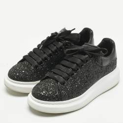 Pre Owned Alexander McQueen Black Glitter and Leather Oversized Sneakers Size 39