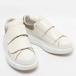 Pre Owned Alexander McQueen White Leather And Taupe Suede Oversized Velcro Strap Sneakers Size 38
