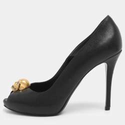 Pre Owned Alexander McQueen Black Leather Crystal Embellished Skull Detail Peep Toe Platform Pumps Size 37