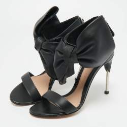 Pre Owned Alexander McQueen Black Leather Bow Detail Sandals Size 37