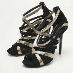 مملوكة مسبقًا Alexander McQueen Black/Gold Leather and Suede Ankle Strap Sandals Size 37.5