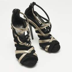 مملوكة مسبقًا Alexander McQueen Black/Gold Leather and Suede Ankle Strap Sandals Size 37.5
