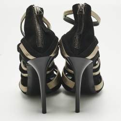 مملوكة مسبقًا Alexander McQueen Black/Gold Leather and Suede Ankle Strap Sandals Size 37.5