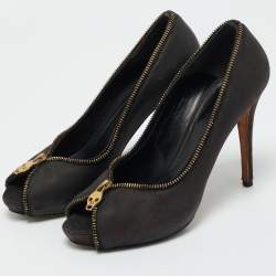 Pre Owned Alexander McQueen Black Nubuck Leather Peep Toe Pumps Size 37.5