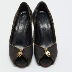 Pre Owned Alexander McQueen Black Nubuck Leather Peep Toe Pumps Size 37.5