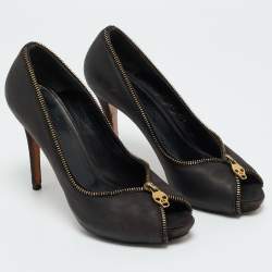 Pre Owned Alexander McQueen Black Nubuck Leather Peep Toe Pumps Size 37.5