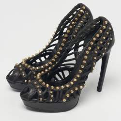 Pre Owned Alexander McQueen Black Cutout Studded Pumps Size 37