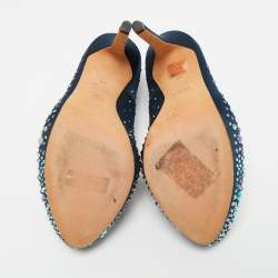 Pre Owned Alexander McQueen Navy Blue Satin Crystal Embellished Peep Toe Pumps Size 36