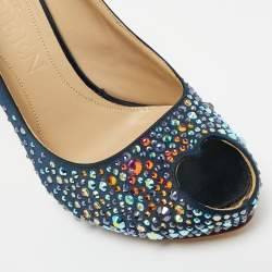 Pre Owned Alexander McQueen Navy Blue Satin Crystal Embellished Peep Toe Pumps Size 36