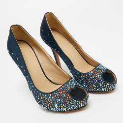 Pre Owned Alexander McQueen Navy Blue Satin Crystal Embellished Peep Toe Pumps Size 36