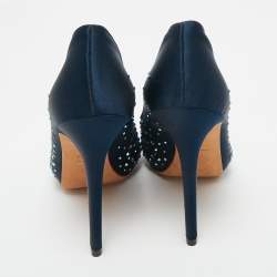 Pre Owned Alexander McQueen Navy Blue Satin Crystal Embellished Peep Toe Pumps Size 36