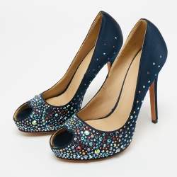 Pre Owned Alexander McQueen Navy Blue Satin Crystal Embellished Peep Toe Pumps Size 36