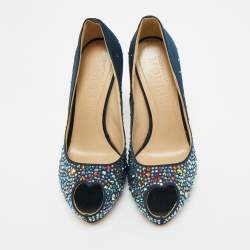 Pre Owned Alexander McQueen Navy Blue Satin Crystal Embellished Peep Toe Pumps Size 36