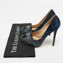 Pre Owned Alexander McQueen Navy Blue Satin Crystal Embellished Peep Toe Pumps Size 36