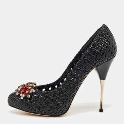 Pre Owned حذاء كعب عالي ألكساندر ماكوين جلد منسوج أسود مرصع بالكريستال مقاس 38.5