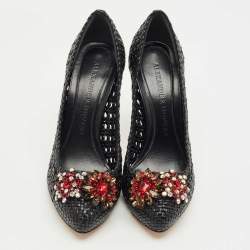 Pre Owned حذاء كعب عالي ألكساندر ماكوين جلد منسوج أسود مرصع بالكريستال مقاس 38.5