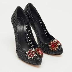 Pre Owned حذاء كعب عالي ألكساندر ماكوين جلد منسوج أسود مرصع بالكريستال مقاس 38.5