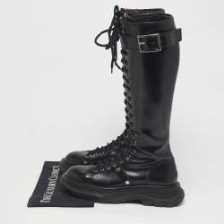 Pre Owned Alexander McQueen Black Leather Tread Knee Length Boots Size 39