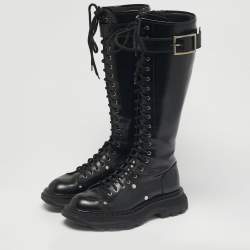 Pre Owned Alexander McQueen Black Leather Tread Knee Length Boots Size 39