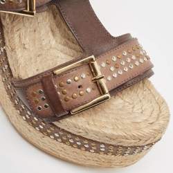 Alexander McQueen Brown/Beige Jute and Leather Wedge Ankle Strap Sandals Size 37