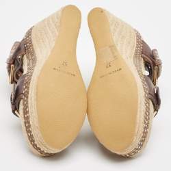 Alexander McQueen Brown/Beige Jute and Leather Wedge Ankle Strap Sandals Size 37