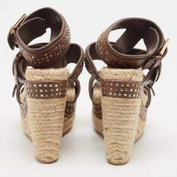 Alexander McQueen Brown/Beige Jute and Leather Wedge Ankle Strap Sandals Size 37