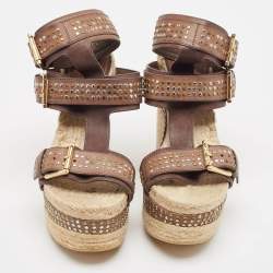 Alexander McQueen Brown/Beige Jute and Leather Wedge Ankle Strap Sandals Size 37