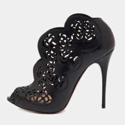 Pre Owned Alexander McQueen Black Leather Floral Lasecut Booties Size 36