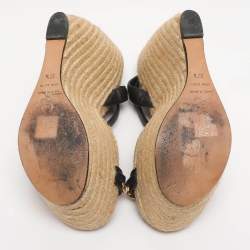 Pre Owned Alexander McQueen Black Leather Chain Skull Ankle Strap Espadrille Wedges Size 37.5