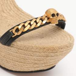 Pre Owned Alexander McQueen Black Leather Chain Skull Ankle Strap Espadrille Wedges Size 37.5