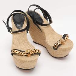 Pre Owned Alexander McQueen Black Leather Chain Skull Ankle Strap Espadrille Wedges Size 37.5