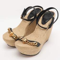 Pre Owned Alexander McQueen Black Leather Chain Skull Ankle Strap Espadrille Wedges Size 37.5