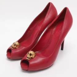 Pre Owned Alexander McQueen Red Leather Crystal Embellished Skull Detail Peep Toe Platform Pumps Size 38.5