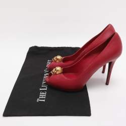 Pre Owned Alexander McQueen Red Leather Crystal Embellished Skull Detail Peep Toe Platform Pumps Size 38.5