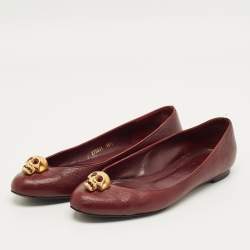 Pre Owned Alexander McQueen Burgundy Leather Skull Ballet Flats Size 38.5