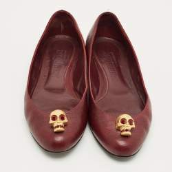 Pre Owned Alexander McQueen Burgundy Leather Skull Ballet Flats Size 38.5