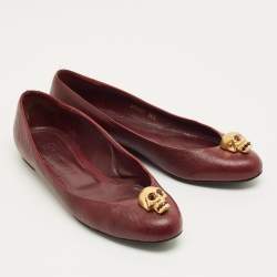 Pre Owned Alexander McQueen Burgundy Leather Skull Ballet Flats Size 38.5