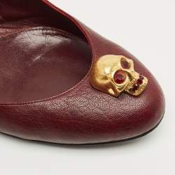 Pre Owned Alexander McQueen Burgundy Leather Skull Ballet Flats Size 38.5