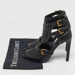 Pre Owned Alexander McQueen Black Leather Studded Buckle Booties Size 36