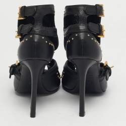 Pre Owned Alexander McQueen Black Leather Studded Buckle Booties Size 36