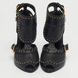 Pre Owned Alexander McQueen Black Leather Studded Buckle Booties Size 36