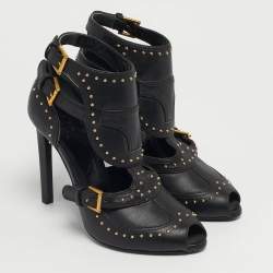 Pre Owned Alexander McQueen Black Leather Studded Buckle Booties Size 36