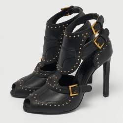 Pre Owned Alexander McQueen Black Leather Studded Buckle Booties Size 36