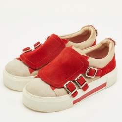 Pre Owned Alexander McQueen Size 37 Red/Grey Suede Buckle Detail Slip On Sneakers
