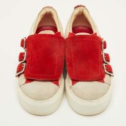 Pre Owned Alexander McQueen Size 37 Red/Grey Suede Buckle Detail Slip On Sneakers